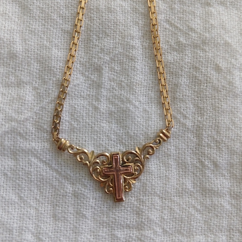 Gold Filagree Cross Necklace, 10k and Rose Gold